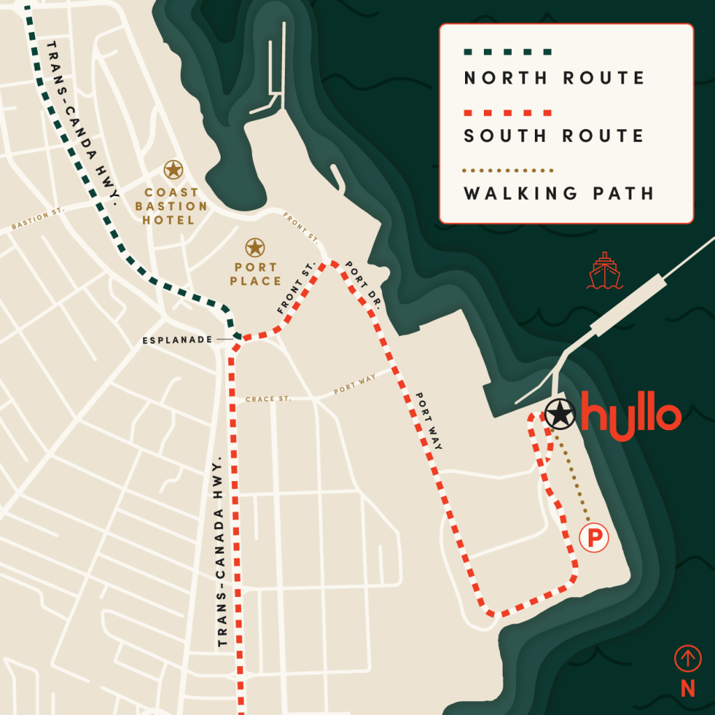 Illustrated map showing two routes—north route and south route—with a walking path, including landmarks such as a hotel, a port with hullo ferry schedule, parking, and a compass indicating north.