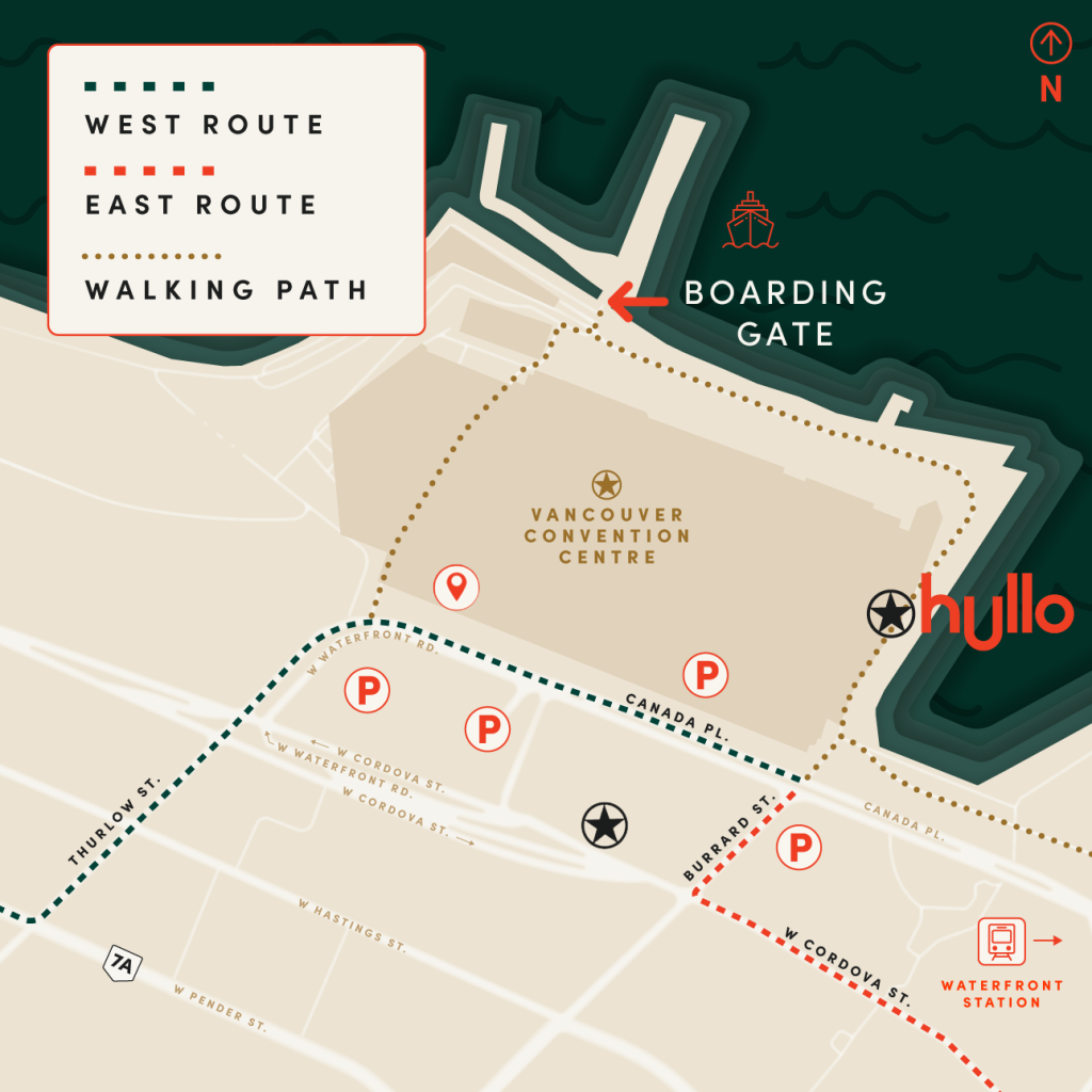 Illustrated map of a terminal area showing routes to a boarding gate, parking, nearby landmarks, and the hullo ferry schedule.