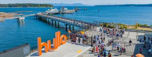 Crowds lining up to get onboard the Hullo fast ferry from Nanaimo, British Columbia